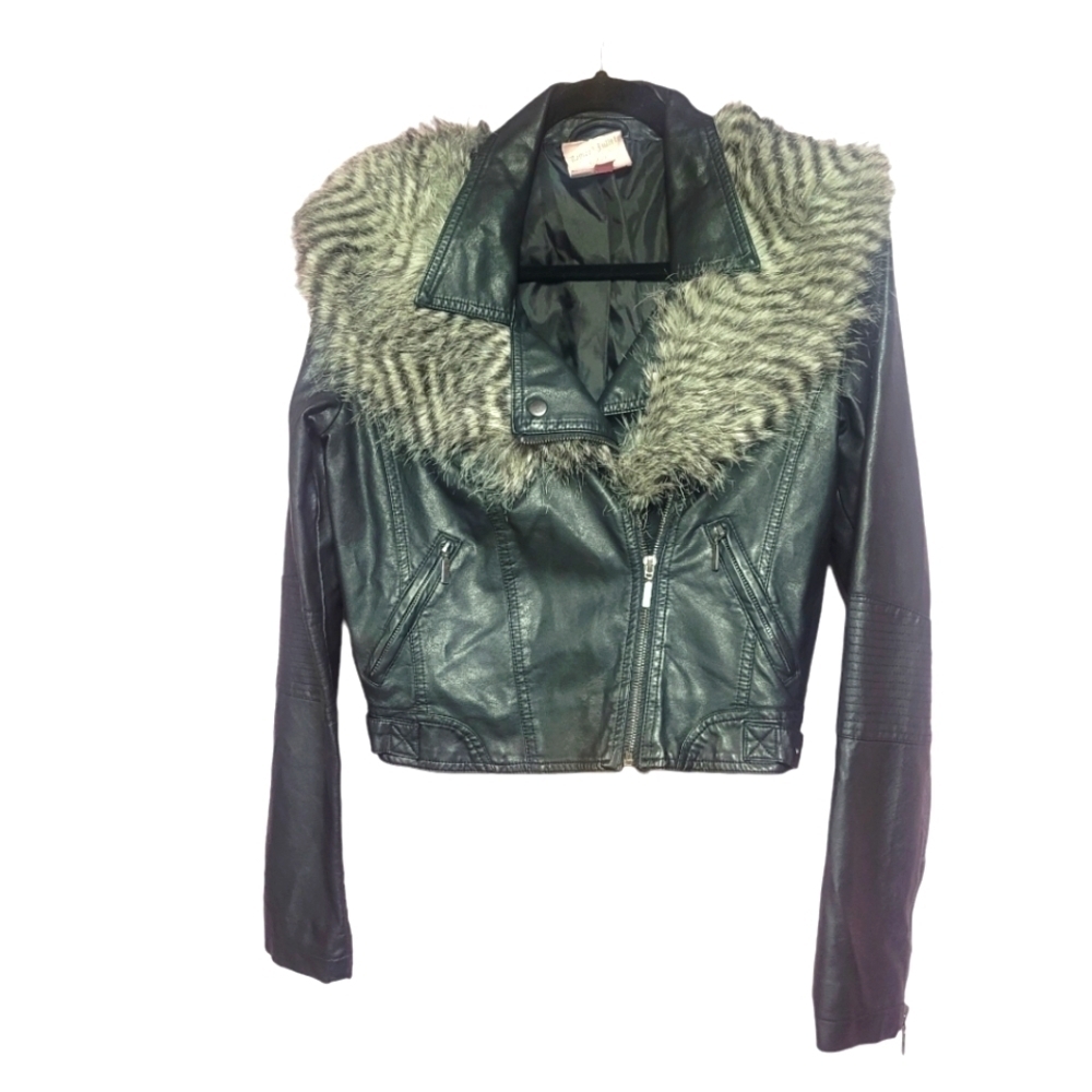 Romeo & Juliet Couture Black Moto Jacket Faux Leather / Fur Sz Large
